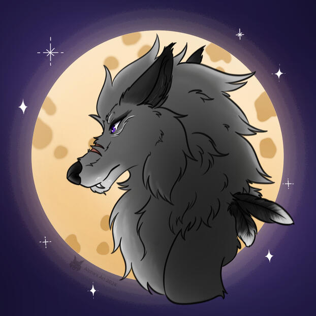Headshot of artist's wolfsona in flat colors with plain purple background.